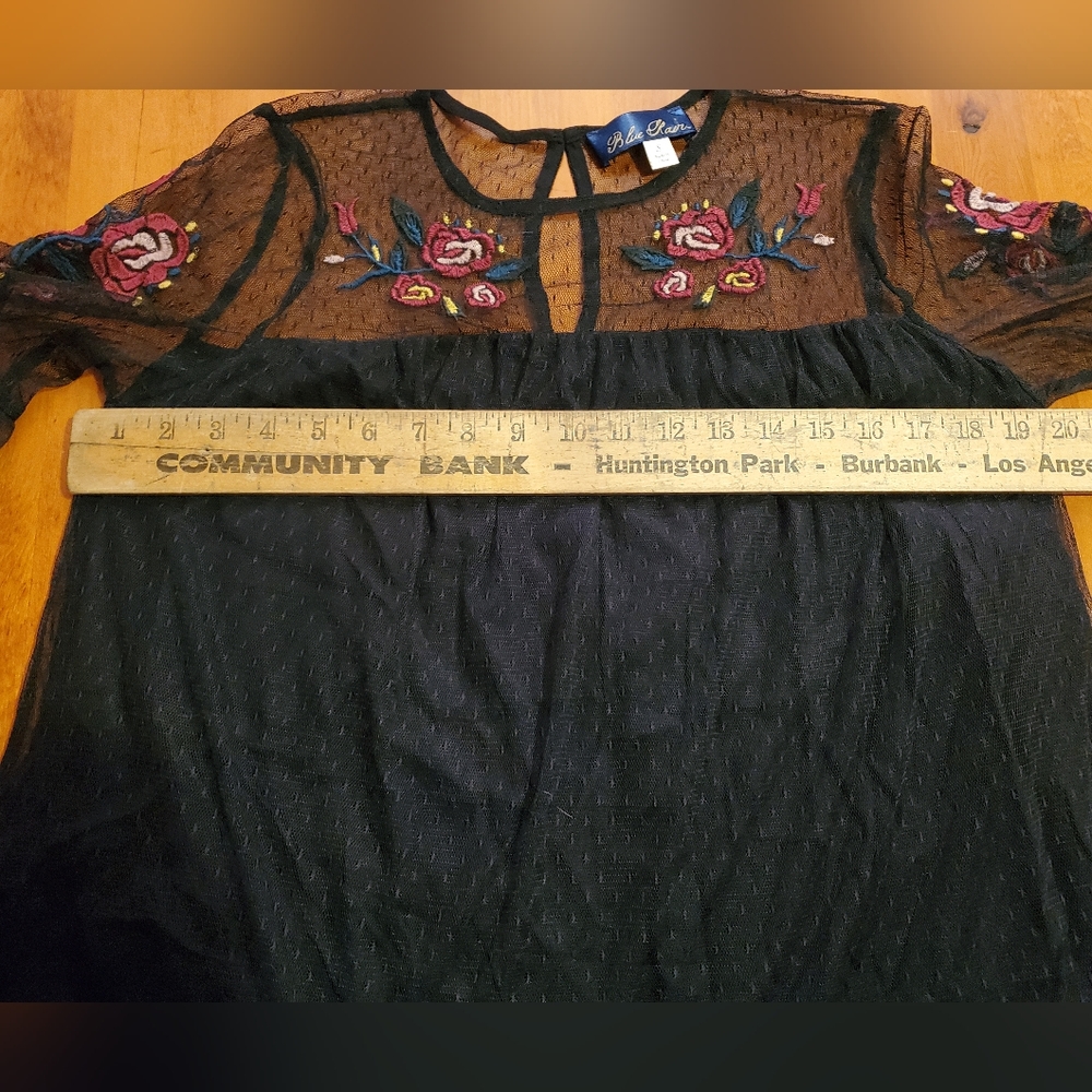 Black Tulle Babydoll Blouse with floral embroidery sz Small Blue Rain Francesca - Picture 8 of 9